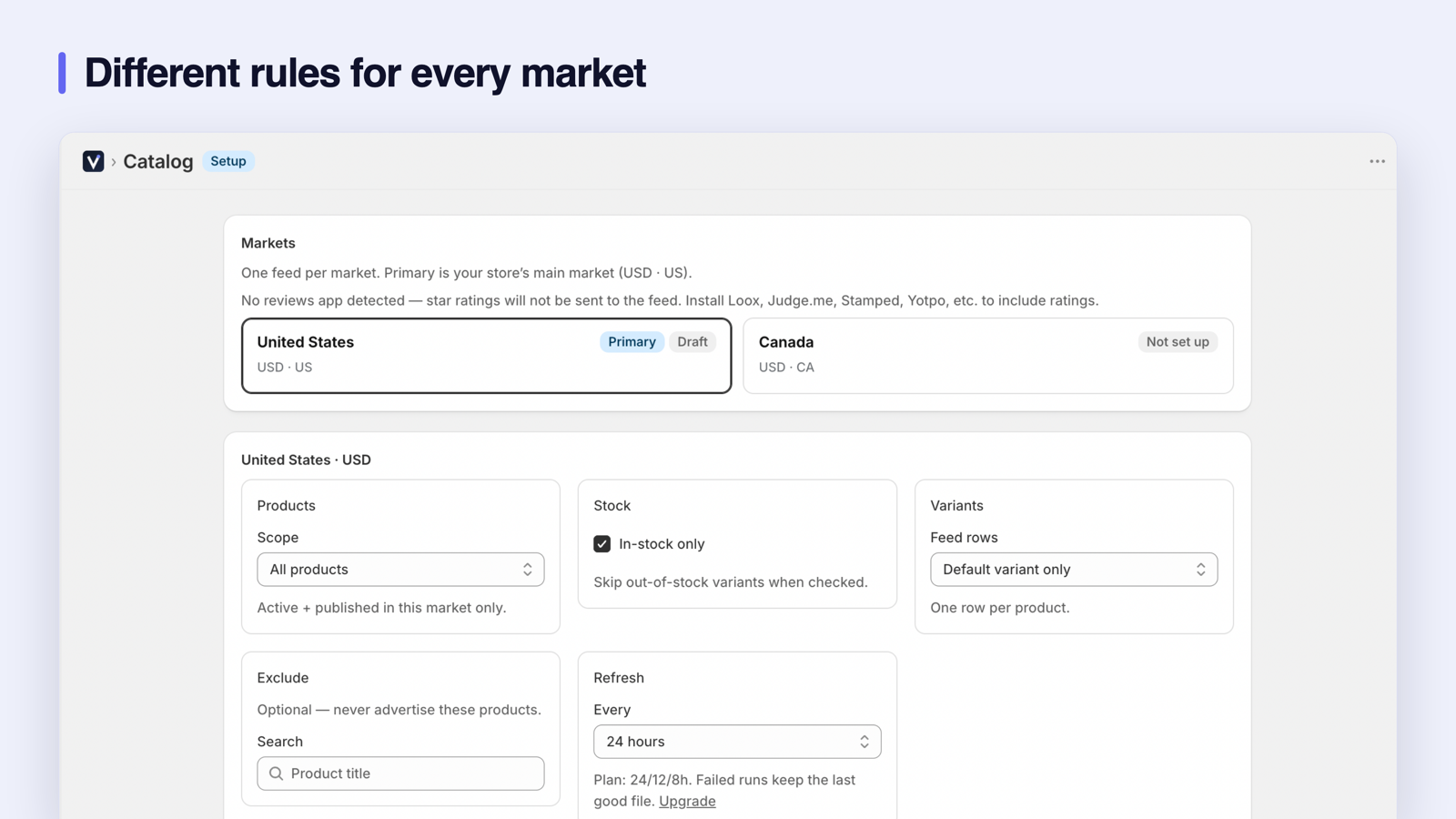 Product feed rules set separately for each market